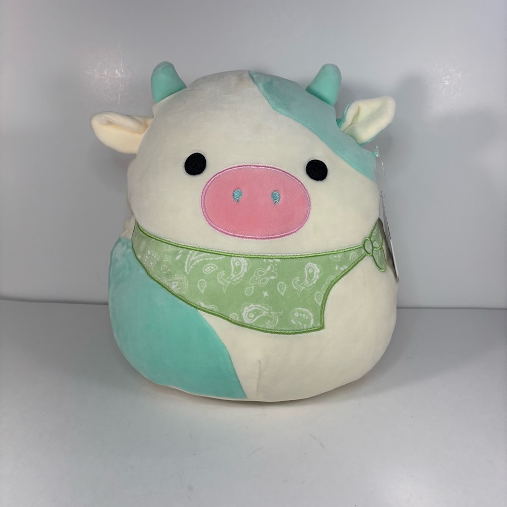 Squishmallows Easter Squad Belana 12” Cow with Mint Green Scarf‎ Cream Pink Nose